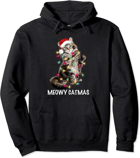 Maine Coon Santa Hat Christmas Lights Catmas Cat Lovers Pullover Hoodie