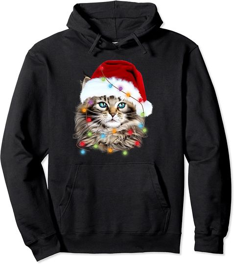 Maine Coon Santa Hat Christmas Lights Catmas Cat Lover Owner Pullover Hoodie