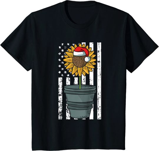 Kids American Flag Sunflower Santa Hat Christmas Patriotic X-Mas T-Shirt