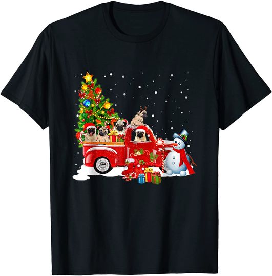 Pug Dog On Red Truck Christmas Pajama Xmas Tree T-Shirt