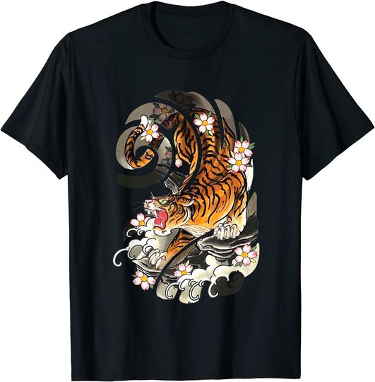 Vintage Japanese Tiger Traditional Asian Cherry Blossom Art T-Shirt