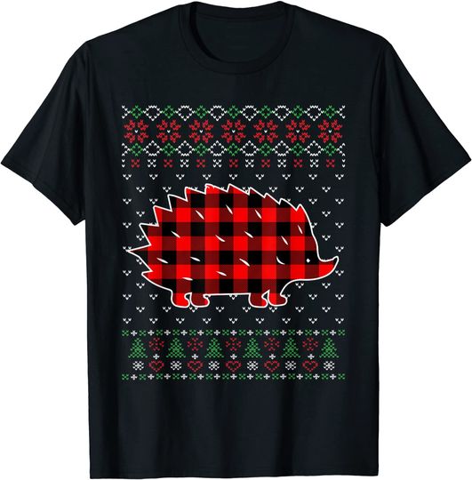 Red Plaid Animals Ugly Sweater Christmas Hedgehog Lover T-Shirt