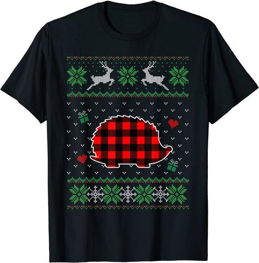 Red Plaid Ugly Sweater Christmas Hedgehog Animals T-Shirt
