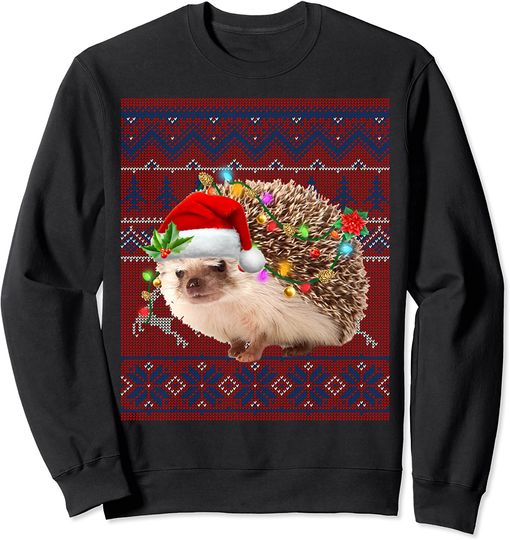 Santa Hedgehog Christmas Tree Lights Ugly Sweater Pajama Sweatshirt