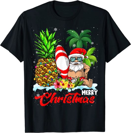 Merry Christmas Xmas Lights Santa Surfing Hawaiian Pineapple T-Shirt