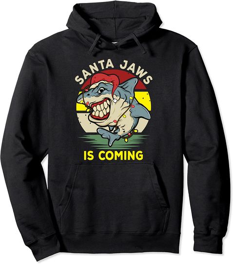 Santa Jaws Is Coming Christmas Shark Comical Xmas Pullover Hoodie