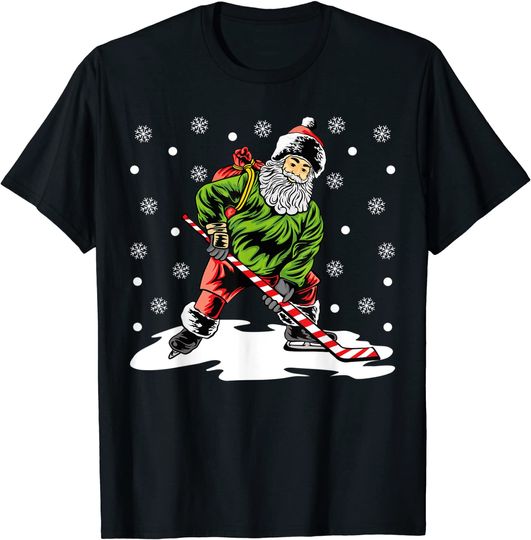 Santa Playing Ice Hockey Christmas Pajama For Players T-Shirt