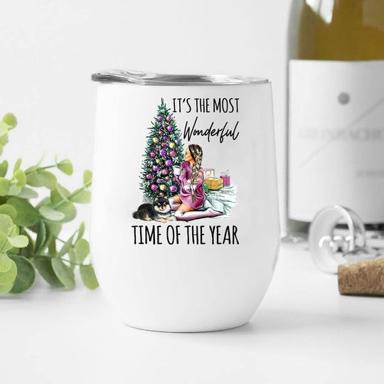 It's The Most Wonderful Time Of The Year Tumbler 12 oz, Girl and Dog Lover Christmas Tumbler, Dog Lover Christmas Tumbler