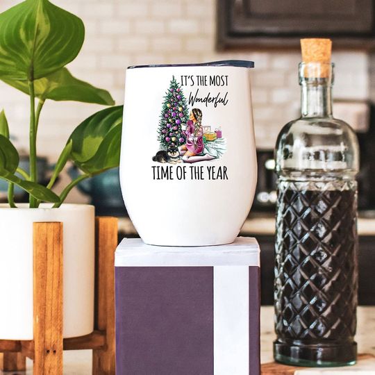 It's The Most Wonderful Time Of The Year Tumbler 12 oz, Girl and Dog Lover Christmas Tumbler, Dog Lover Christmas Tumbler
