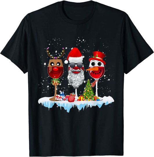Three Glasses Of Wine Christmas Lights Santa Hat Xmas Snow T-Shirt