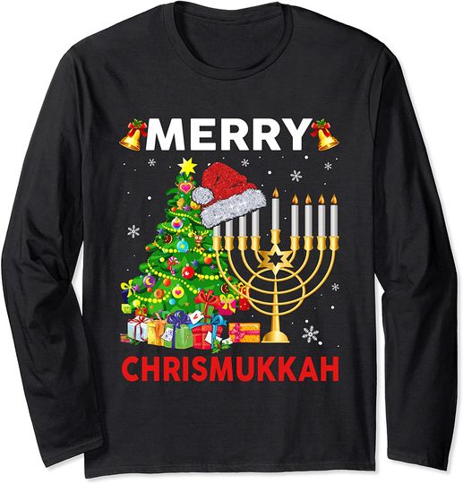 Merry Chrismukkah 2021 Happy Hanukkah Christmas Santa Hat Long Sleeve