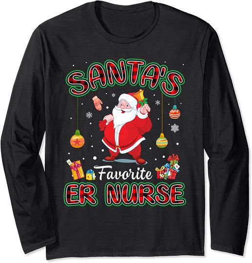 Santa's Favorite ER Nurse Santa Red Plaid Christmas Long Sleeve