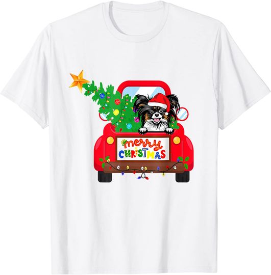 Papillion Dog Riding Red Truck Christmas Holiday T-Shirt