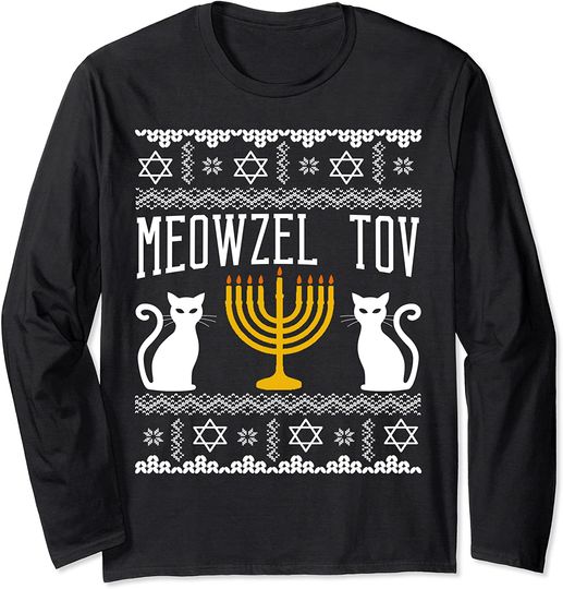 Meowzel Tov Chanukah Jewish Cat Owner Ugly Hanukkah Long Sleeve