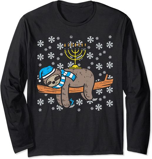 Sleeping Sloth Menorah Hanukkah Chanukah Animal Jewish Gift Long Sleeve