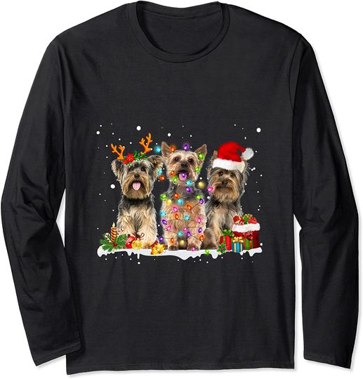 Yorkie Christmas Reindeer Lights Graphic Long Sleeve