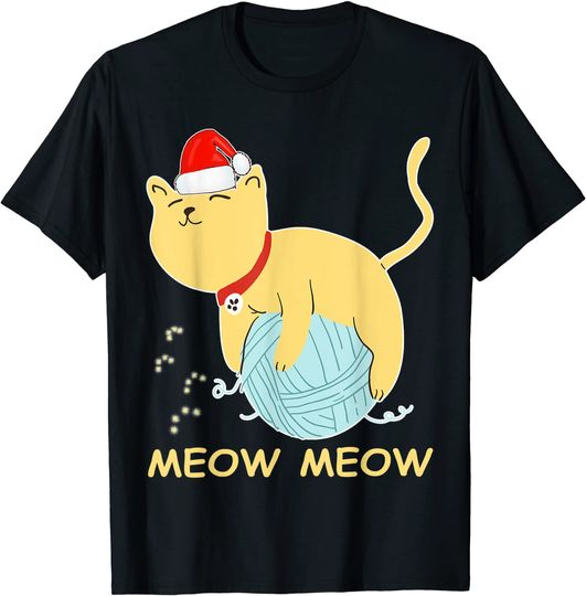 Cat Wears Christmas Hat Playing With Wool T-Shirt