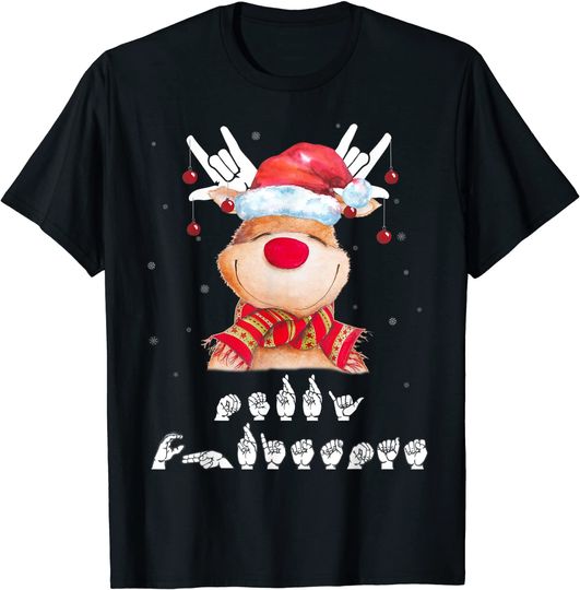Santa Hat Reindeer I Love You Sign Language Merry Christmas T-Shirt