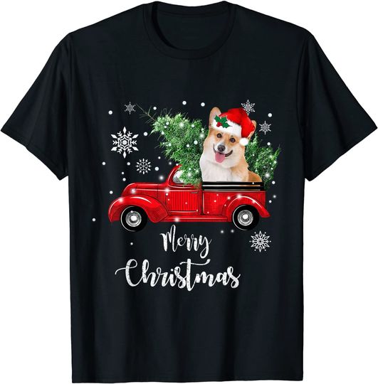 Corgi Dog Ride Red Truck Christmas Pajama T-Shirt