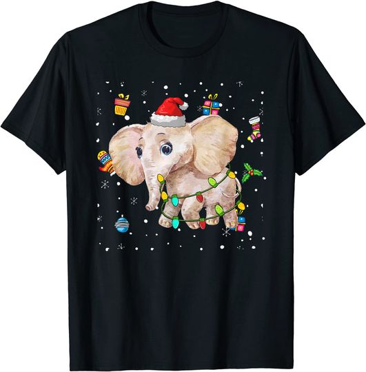 Christmas Elephants Funny Santa Hat Lights Decorations Gifts T-Shirt