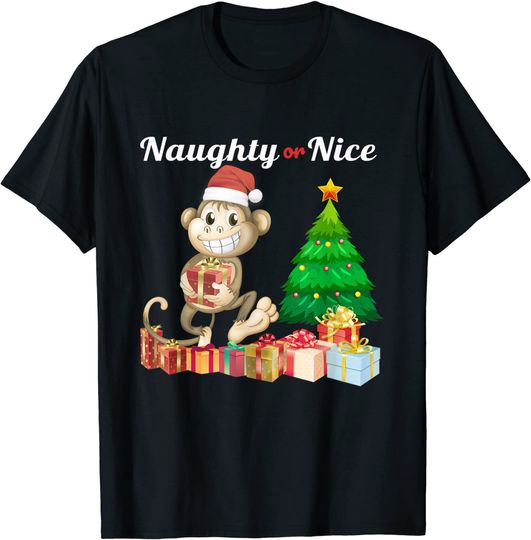 Naughty Or Nice Merry Christmas Shirts For Women Xmas Monkey T-Shirt