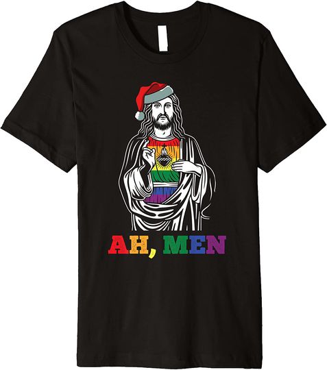 Ah Men Christmas Funny LGBT-Q Pride XMas Jesus Gay Christian T-Shirt