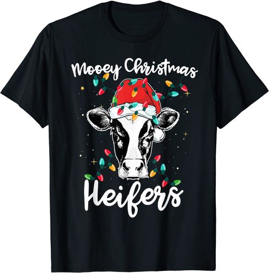 Mooey Christmas Heifers Santa Xmas Lights T-Shirt