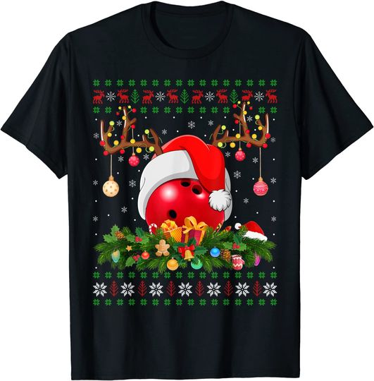 Bowling Sports Santa Reindeer Hat Ugly Bowling Christmas T-Shirt