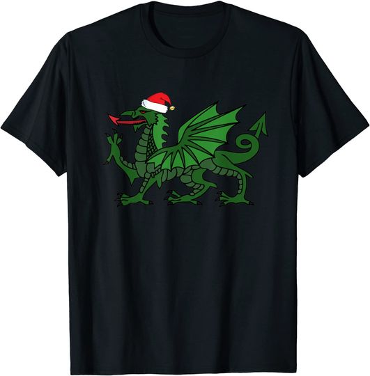 Funny Welsh Dragon Christmas Gift Welsh Santa Hat Wales T-Shirt