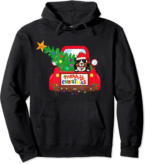 Bernese Mountain Dog Riding Red Truck Christmas Holiday Pullover Hoodie