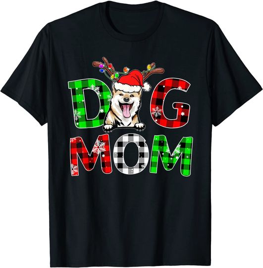 Shiba Inu Dog Mom Buffalo Plaid Xmas Pajama Reindeer Horn T-Shirt