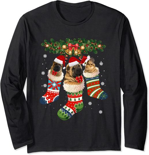 Three Shar Pei In Sock Christmas Santa X-mas Dog Long Sleeve