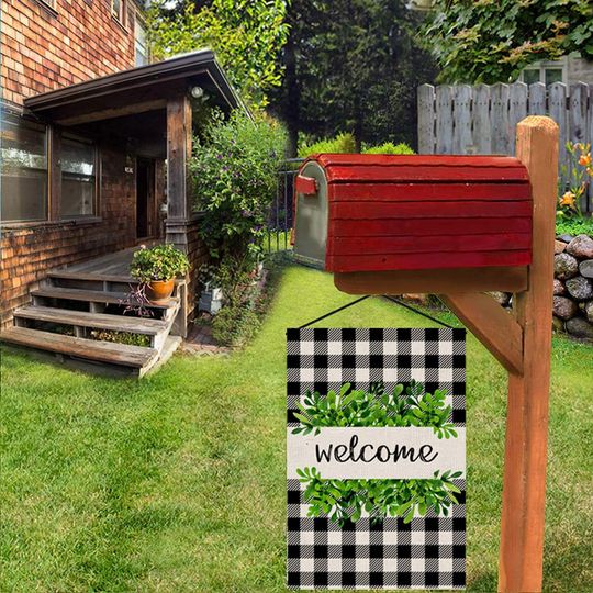 Welcome Garden Flag Vertical Double Sided Buffalo Plaid Burlap Spring Yard Flags for Spring Summer Fall Yard Outdoor