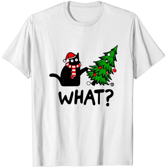 Funny Black Cat Gift Pushing Christmas Tree T-Shirt