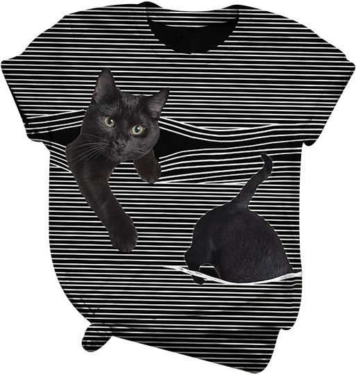 Womens Short Sleeve Tops,Cute Striped Cat Graphic Tops for Women 3D Cat Print T Shirt Short Sleeve Crewneck Tee Tops