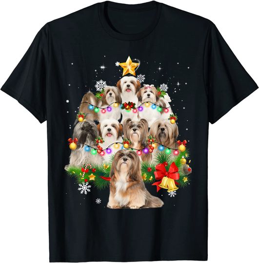 Lhasa Apso Christmas Dog Tree Lights Pajamas Family T-Shirt