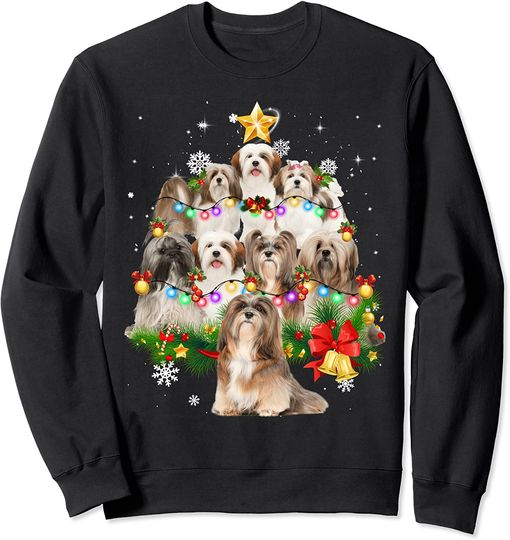 Lhasa Apso Christmas Dog Tree Lights Pajamas Family Sweatshirt