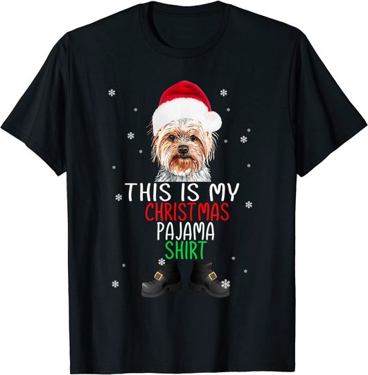 This Is My Christmas Pajama Shirt red santa hat Yorkie dog T-Shirt
