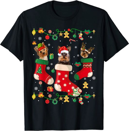 Yorkie Christmas Socks Tree Light Xmas Santa Hat Dog Lover T-Shirt