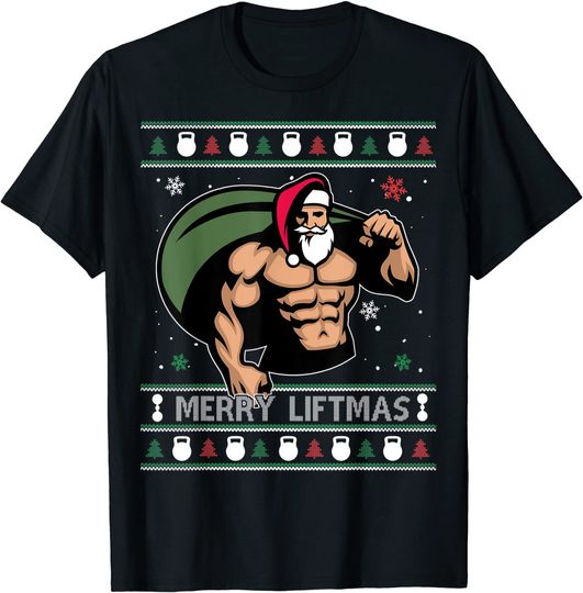 Merry Liftmas Ugly Christmas Pajama Santa Claus Gym Xmas T-Shirt