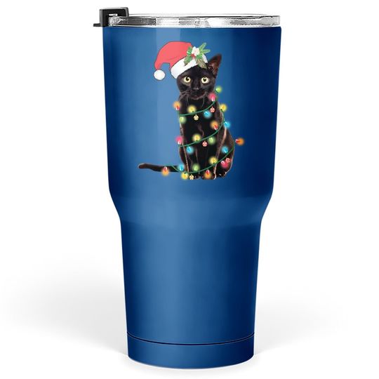 Santa Black Cat Tangled Up In Christmas Tree Lights Holiday Tumbler 30 Oz