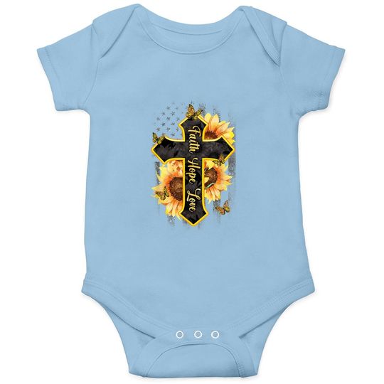Faith Hope Love Christian Cross American Flag Sunflower Baby Bodysuit