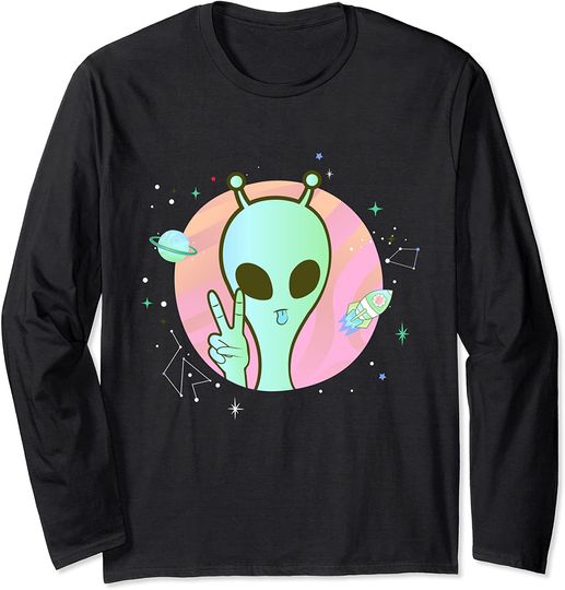 Peace Sign Hand Planet Stars UFO Cool Trippy Green Alien Long Sleeve