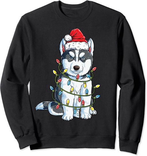 Siberian Husky Santa Christmas Tree Lights Xmas Gifts Boys Sweatshirt