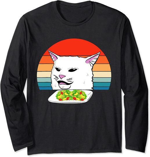 Angry women yelling at confused cat at dinner table Cat meme Long Sleeve