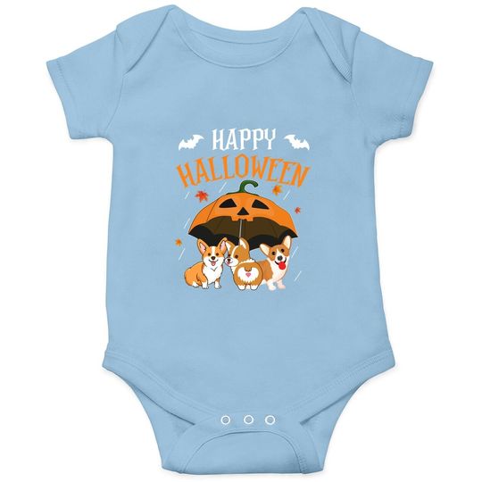 Halloween Corgi In Scary Umbrella Rain Night Pumpkin Baby Bodysuit