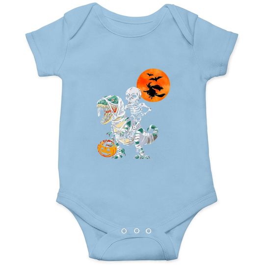 Skeleton Riding T Rex Dinosaur Mummy, Pumpkin Halloween Baby Bodysuit