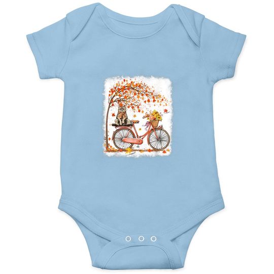Retro Bicycle Cat Autumn Leaves Fall Thanksgiving Baby Bodysuit