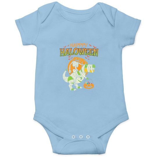 Trick Rawr Treat Pumpkin Skeleton On Trex Funny Halloween Dinosaur Baby Bodysuit