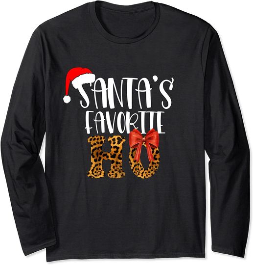 Cute Cheetah Santa's Favorite Ho Christmas T Shirts Women Long Sleeve T-Shirt
